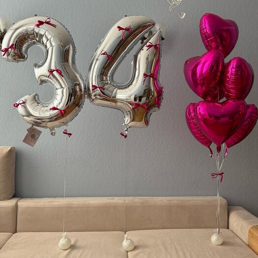 Шары на 34 года. Цифры с бантиками и шары сердечки на день рождения