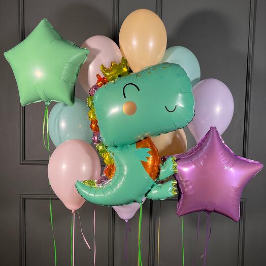 Композиция из нежных шаров с динозавриком 11 шт