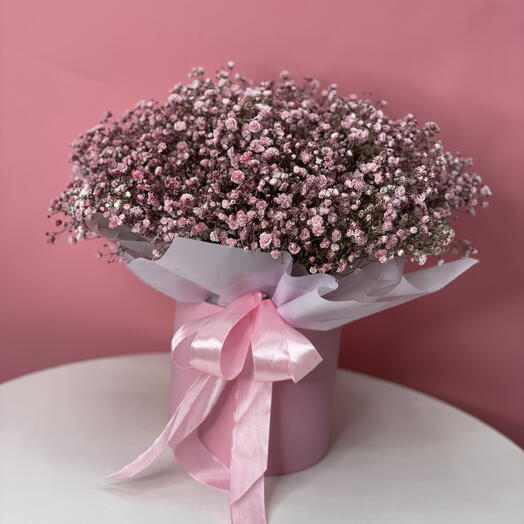 Розовая гипсофила в шляпной коробке, 7 шт