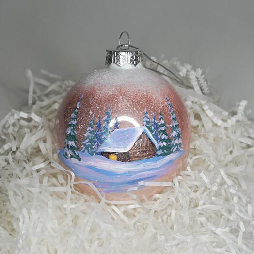 Ёлочный шар с ручной росписью "Зимний домик", стеклянный, розовый