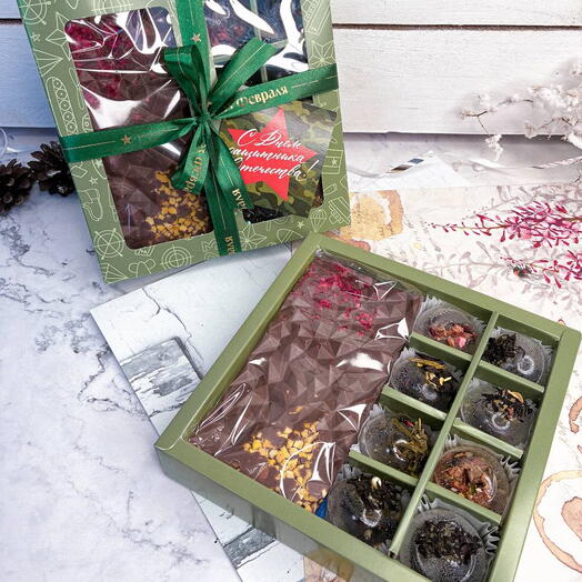 Подарочный набор мужской из 8 чайных бомбочек и шоколадки, 23 февраля