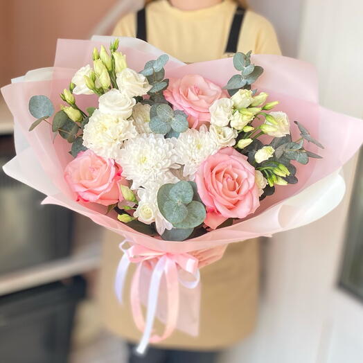 Нежный сборный букет с розовой розой,эустомой,эвкалиптом🌿🌸