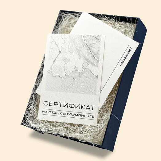 Подарочный сертификат номинал 15000  на отдых в глэмпинге в подарочной упаковке