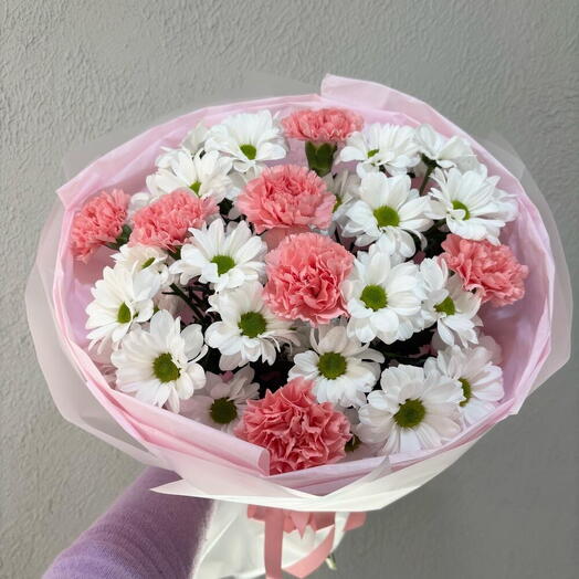 Ноктюрн🌸из нежно-розовых диантусов и ромашковых хризантем