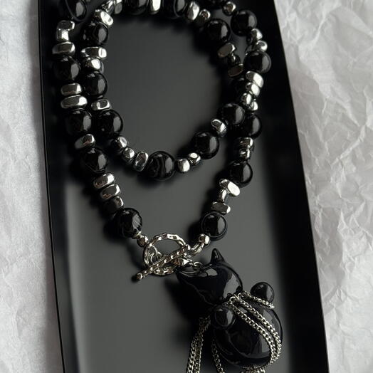 Авторское колье из натурального черного агата с подвеской ручной работы