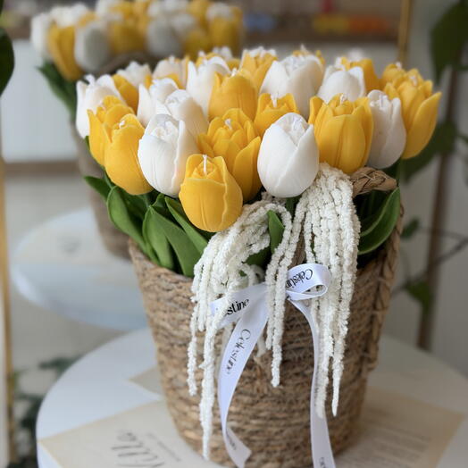 Yellow and White Tulip Candle Bouquet