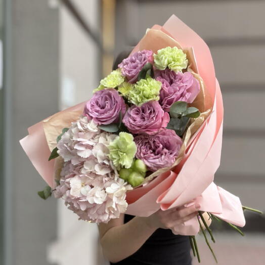 Букет «ягодная конфета»🌸🍭 с пышной гортензией, розой кантри блюз и диантусами🤭️