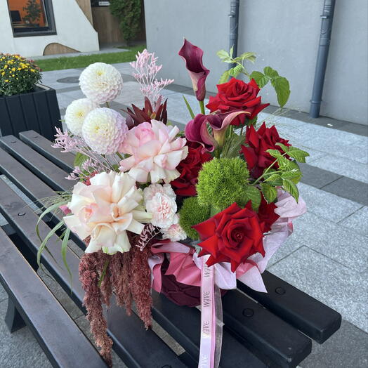 WOW корзина с амарантами, бордовыми розами и георгинами 🌸🩷💜