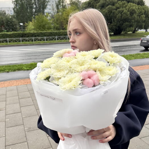 Букет из хризантемам ( лимонад) с хлопком 🌸