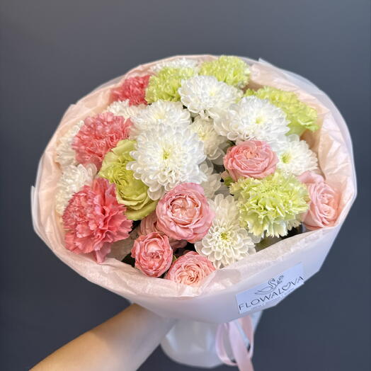 Дофаминовый букет 🌸💗 Роза кустовая пионовидная, диантусы