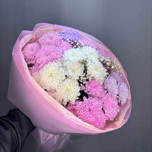 Пышный и объемный букет с хризантемами и гипсофилой🌸🌸🌸