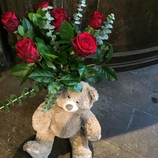 Bear 80 cm with 6 red roses and green