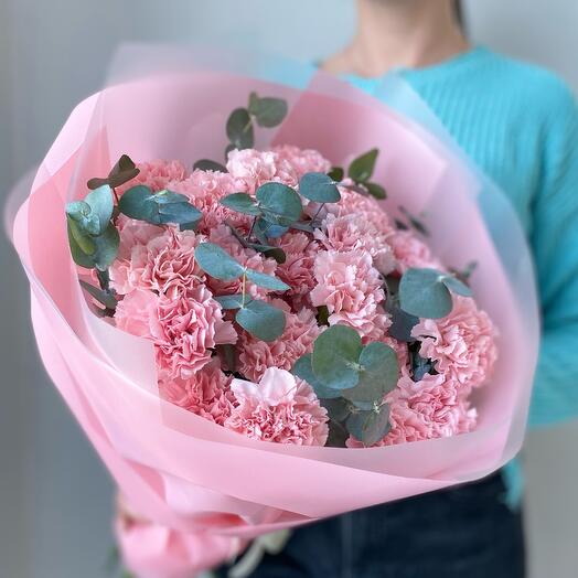 Pink carnations with eucalyptus