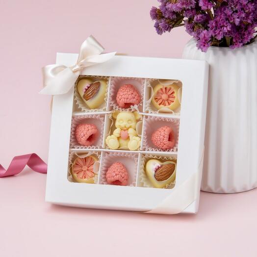 Конфеты ручной работы "Медвежонок и малинки" белый (Бельгийский шоколад)