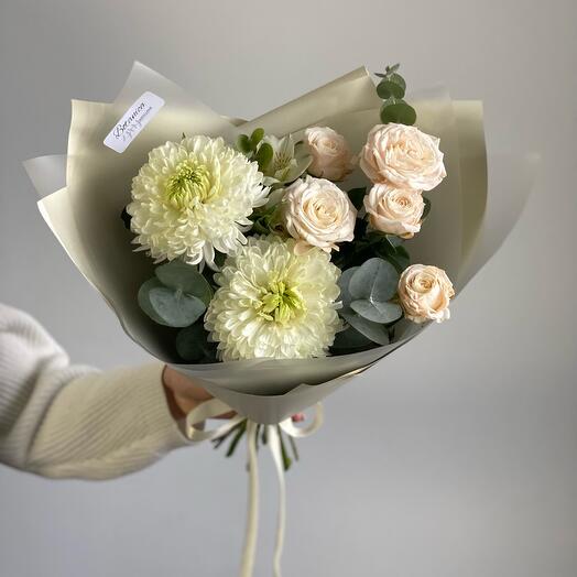 Bouquet with white chrysanthemums and bushy peony rose. Bouquet 1050