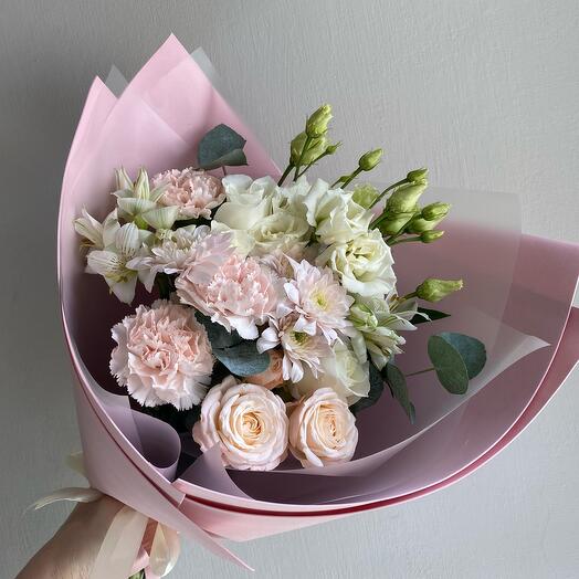 Bouquet "Charm of tenderness" (eustoma, rose bush, alstroemeria, chrysanthemum)