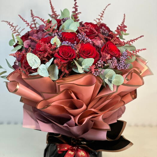 Eternal Elegance: Lovely Red Roses, Fresh Astilbe, and Eucalyptus Bouquet