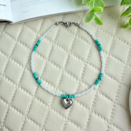 Браслет на ногу «бело- бирюзовый»