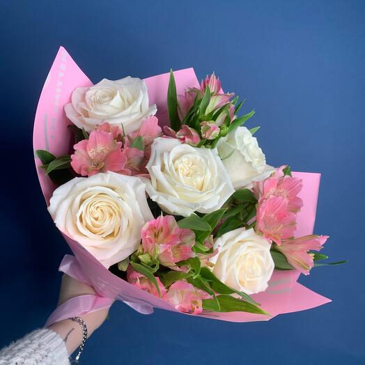 A bouquet of roses and alstroemeria