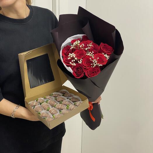 Цветы розы и клубника в шоколаде Подарочный набор на выпускной (16-20🍓)