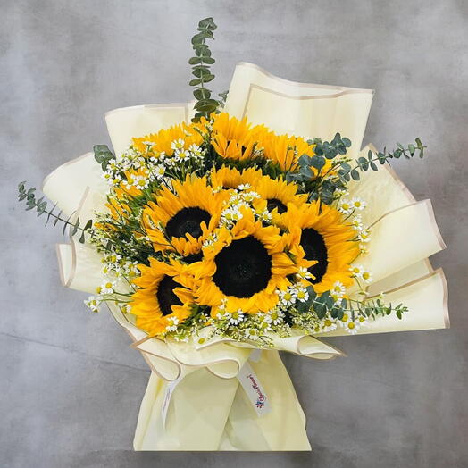 Bright Sunflower Bouquet with Eucalyptus   Tanacelum | Vibrant Floral Arrangement