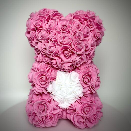 Мишка из роз фоамирана "Luxury Rose Bear" розовый с сердцем