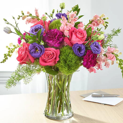 Charm   Comfort Bouquet (roses, carnation, snap + vase)
