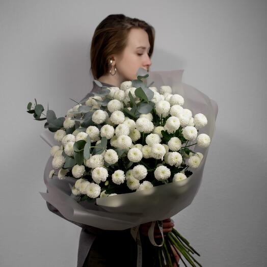 Букет из белых хризантем ньютон с эвкалиптом, 15 шт