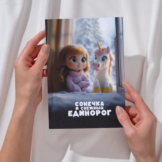 Именная книга сказка для девочки "Сонечка и снежный единорог"