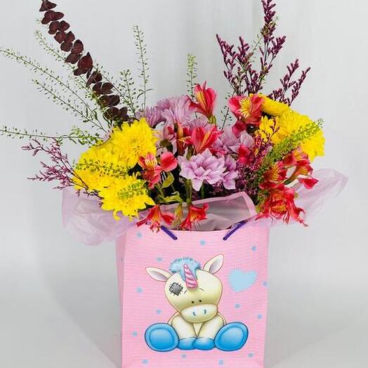 Children's bouquet of flowers with unicorn