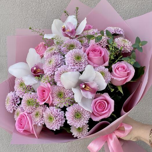 Букет «Загадай желание» хризантемы, орхидея , розы