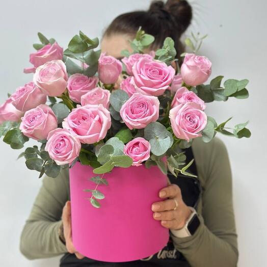 -20%АКЦИЯ🌹Композиция в шляпной коробке "Розовая нежность"/роза Кения/эвкалипт//Цветы Уфа/Доставка цветов Уфа/Цветы в Уфе