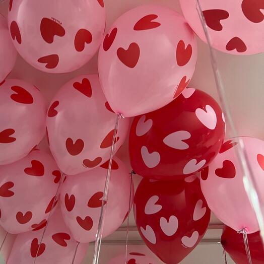 Ceiling balloons with hearts and tinsel, 14 pcs