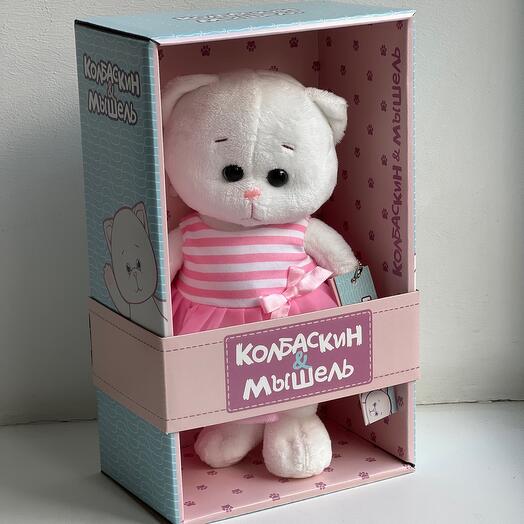 Кошечка Мышель в полосатом розовом платье с бантиком