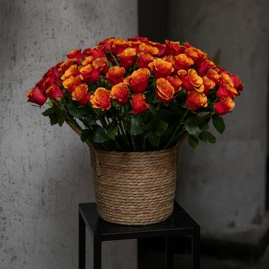 101 оранжевая роза в корзине