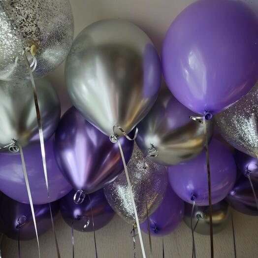 Воздушные шары фиолетовые,сиреневые, лавандовые, серебро под потолок -17 шаров