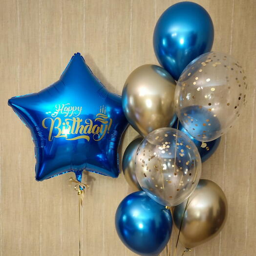 Набор шаров для мужчины синий с золотом Happy birthday