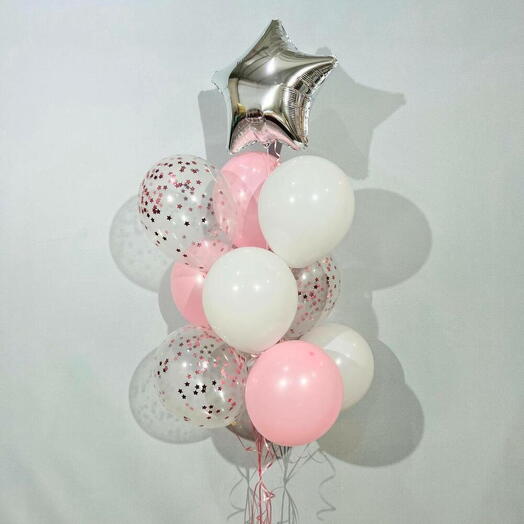 Бело-розовые воздушные шары "Звезда" на День Рождение девочки, девушки, жены