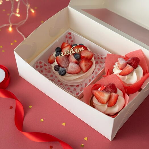 Набор безе Павлова с ягодами и капкейки с сердечками на 8 марта