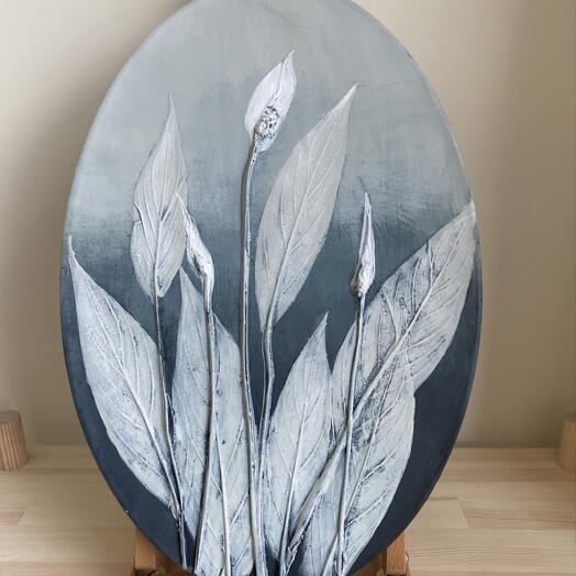 Панно настенное декоративное, Спатифиллум, Женское счастье цветок, Ботанический барельеф , Гипсовая картина