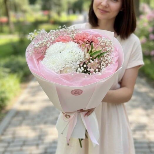 Розовые диантусы Белая хризантема Гипсофила Альстромерия💗 Букет с гипсофилой и диантусами