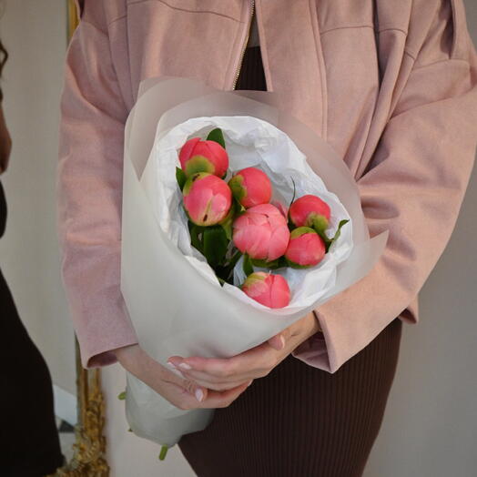 Букет из 7 пионов Coral sharm, корал,пиономания