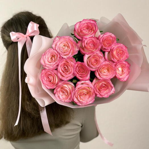Бело-розовые розы, романтичный букет из 15 штук️️️🎀🎀🎀
