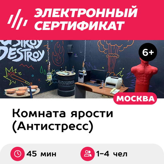 Подарочный сертификат Комната ярости. Тариф Продвинутый разрушитель, 1-4 чел. (45 мин.)