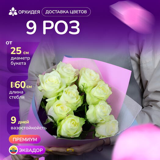 9 Роз белых 60 см