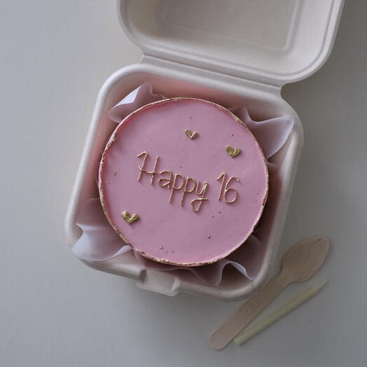 Бенто торт Happy 16 розовый с сердечками золотыми на день рождения дочери племянницы