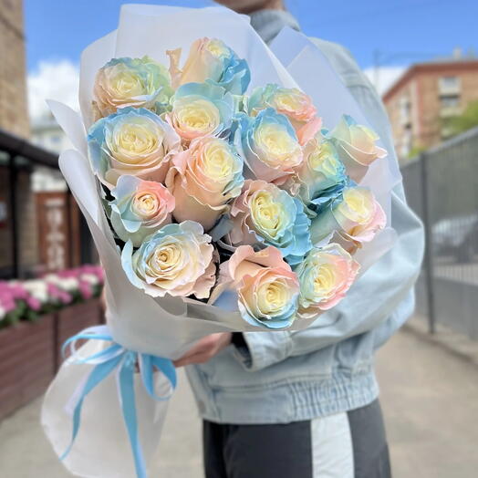 Радужная роза 💙🩷Букет из разноцветных роз 15 роз на День Рождения 🎉 Розы