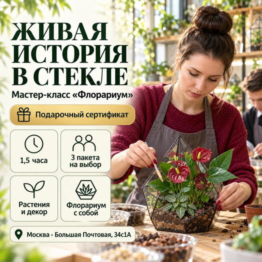 Подарочный сертификат «Мастер класс Флорариум» (Пакет 1, 1 человек)