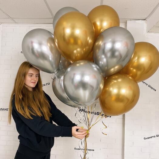 Связка из 15 хромированных шаров золото и серебро