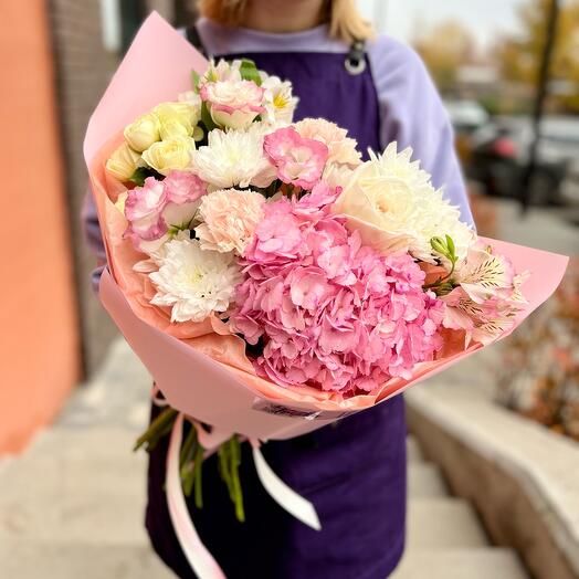 delicate bouquet of peony roses, hydrangeas, chrysanthemums